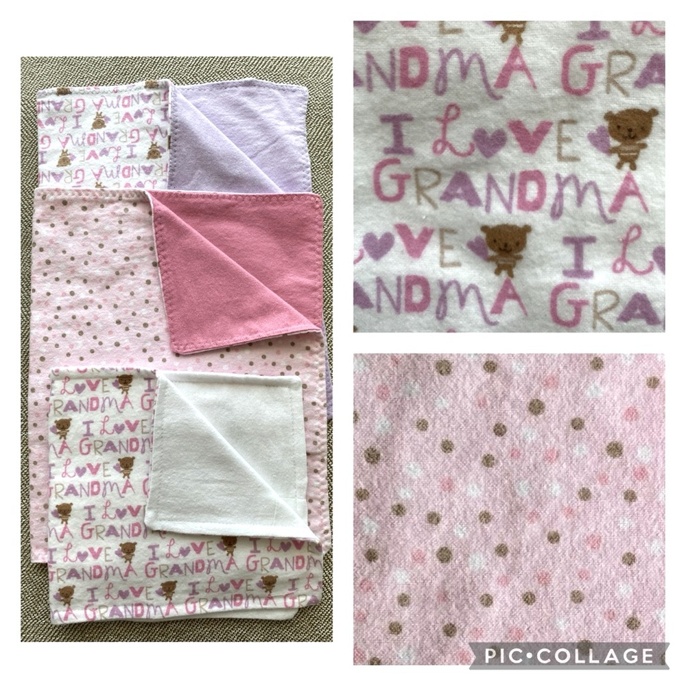 3 Homemade Burpee Cloths/Snuggle Blankets. Double sided Flannel. Pnk, Prpl, Wht.